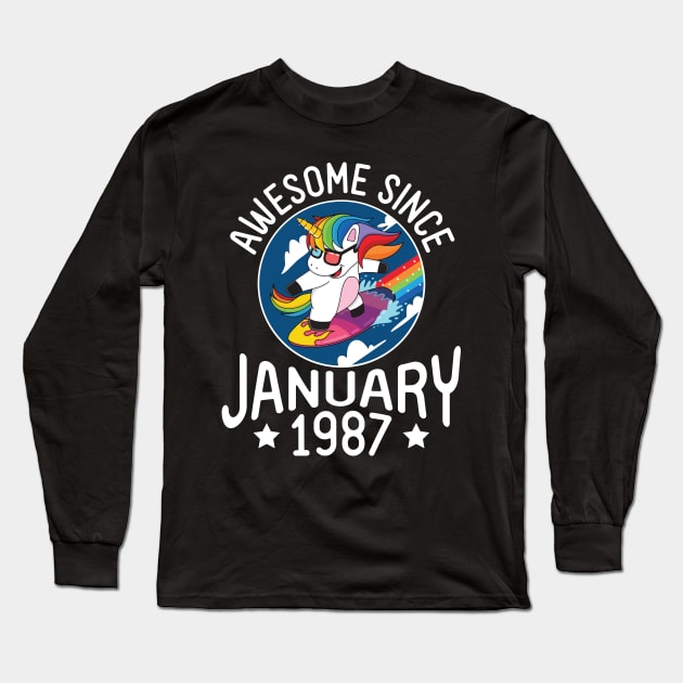 Unicorn Surfing Awesome Since January 1987 Happy Birthday 34 Years Old To Me Dad Mom Son Daughter Long Sleeve T-Shirt by DainaMotteut